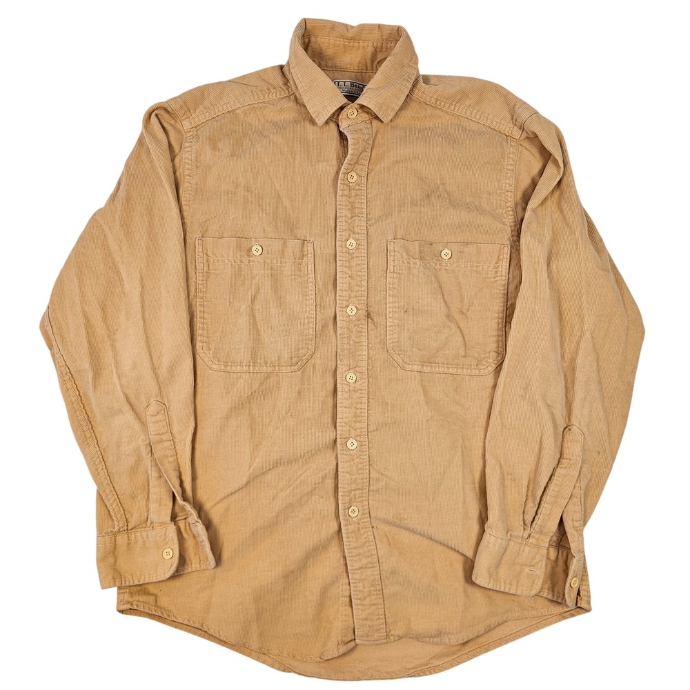 LL Bean Mens Tan Corduroy Button Down Shirt Made in USA Cotton Khaki Size M